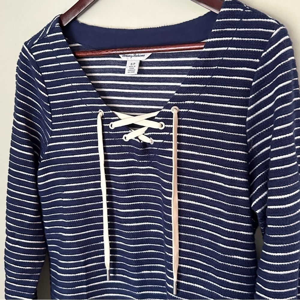 Tommy Bahama |  Navy and White Catalina Striped Lace-Up Knit Tunic | Small - Picture 3 of 13